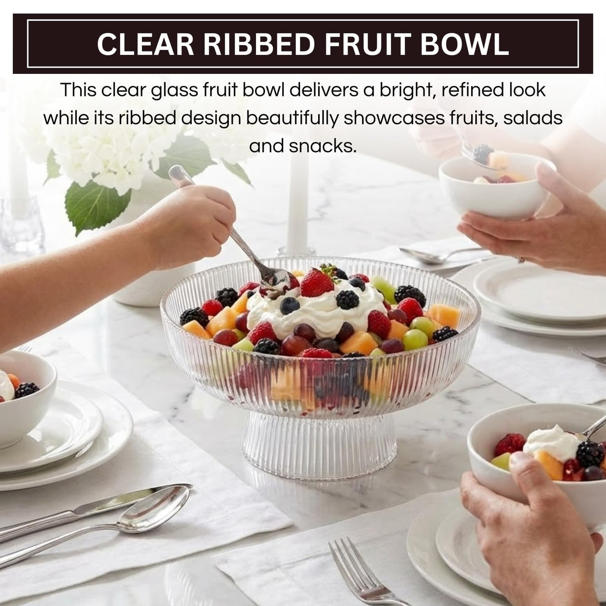 Decorative Fluted Transparent Glass Bowl, Fruit, Snacks Sweets
