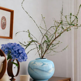 Modern Chinese Ceramic Vase with a Landscape Painting Motif Featuring a Blue Round Flower Vessel