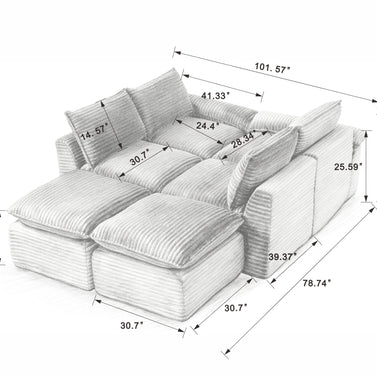 Sectional Sofa Cloud Modular Corduroy White 6 Seat 101 In Sponge Fill