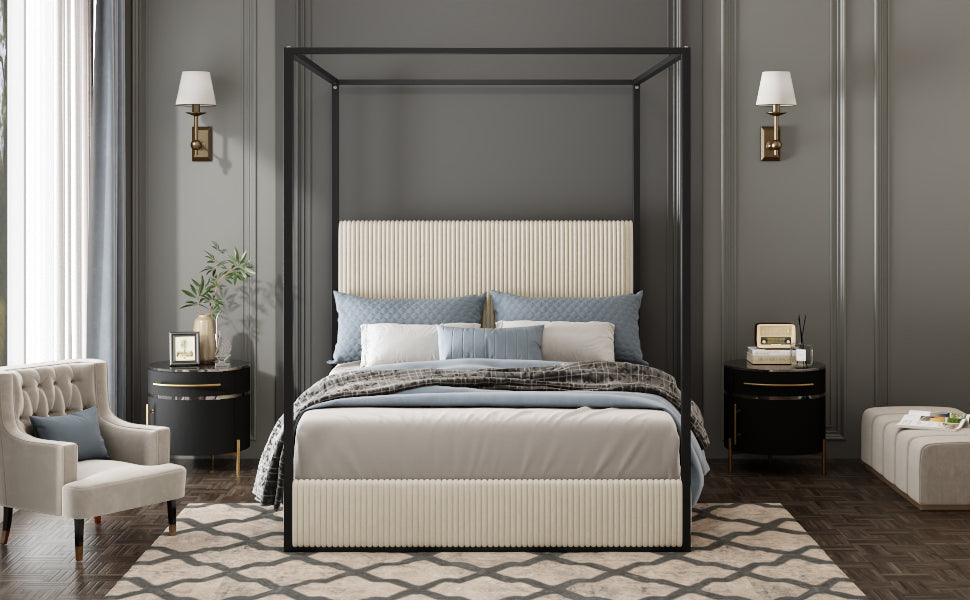 Modern Luxury Metal Canopy Bed with Tall Corduroy Upholstered Headboard
