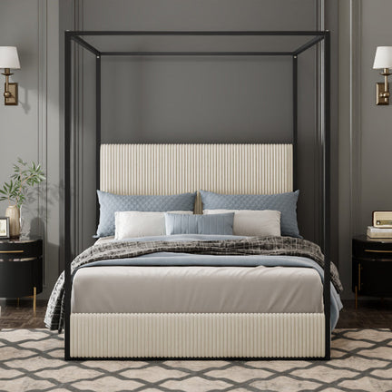 Modern Luxury Metal Canopy Bed with Tall Corduroy Upholstered Headboard