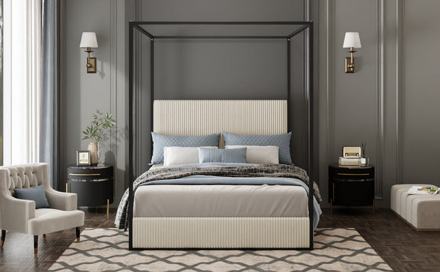 Modern Luxury Metal Canopy Bed with Tall Corduroy Upholstered Headboard