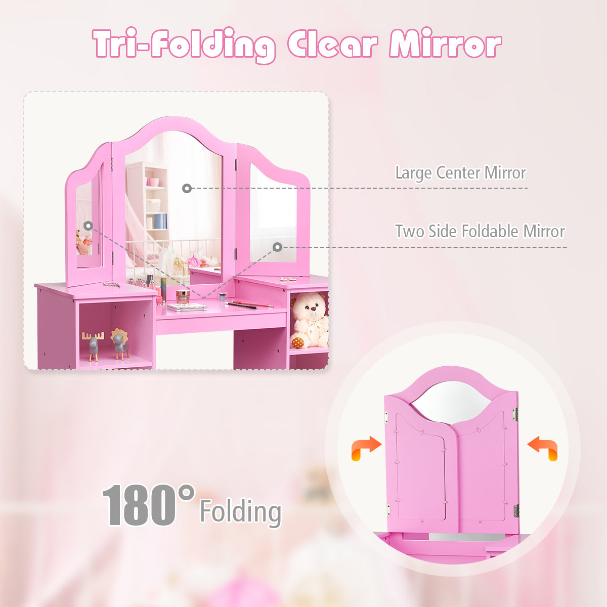 Kids Tri Folding Mirror Makeup Dressing Vanity Table Set