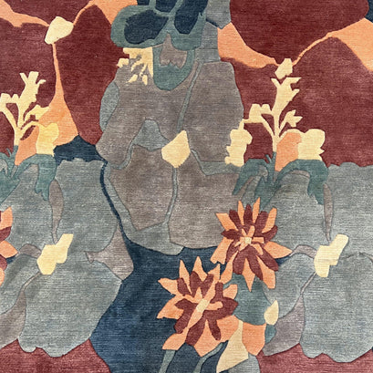 Modern Tibetan Rug 5.7 x 7.9, Abstract Multicolor Flower Pattern, Navy Blue Maroon Salmon, Soft Wool, Hand Knotted Contemporary Carpet 6x8