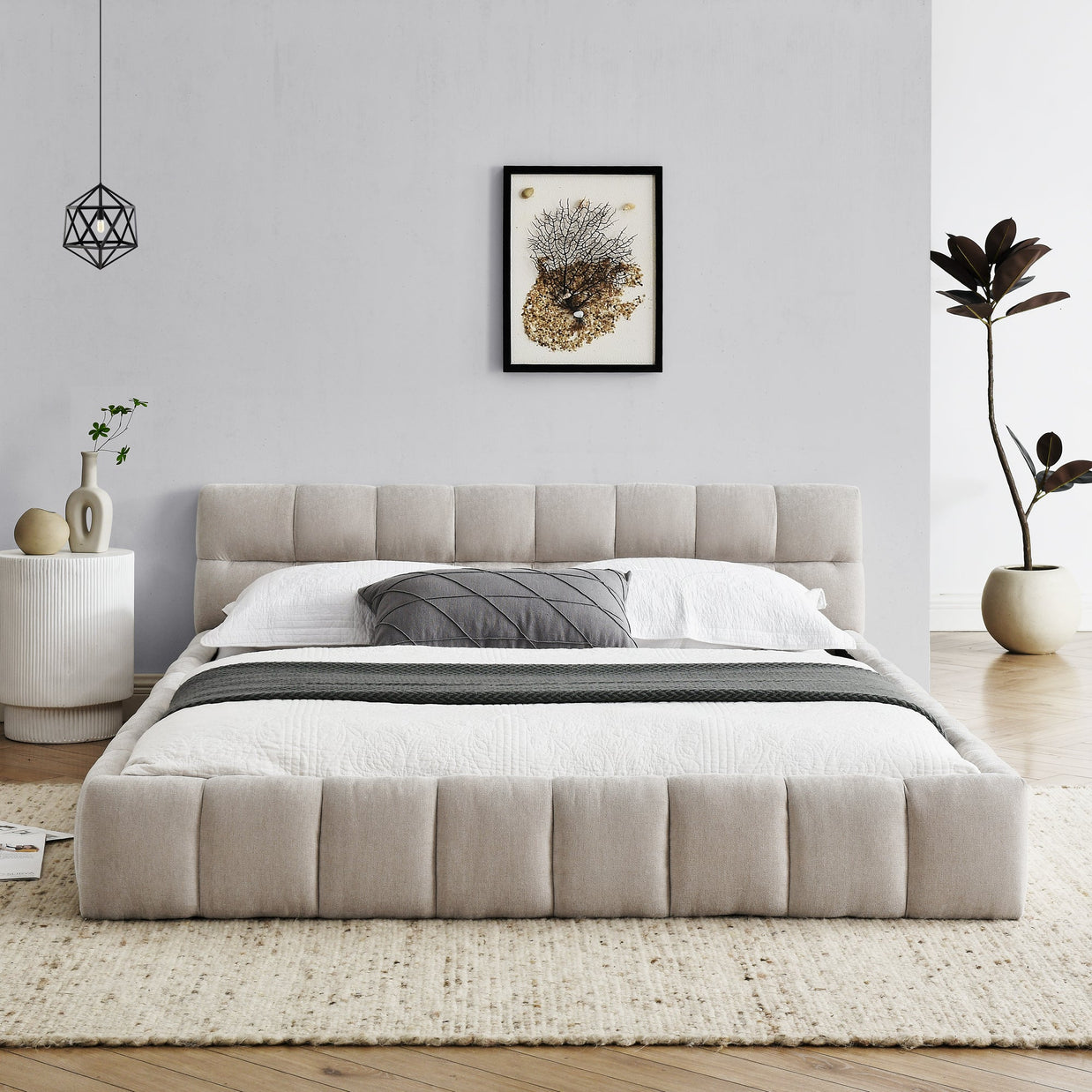 Modern Queen Size Upholstered Bed Frame with Headboard, Thick Chenille Fabric, Beige