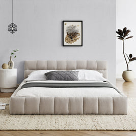 Modern Queen Size Upholstered Bed Frame with Headboard, Thick Chenille Fabric, Beige