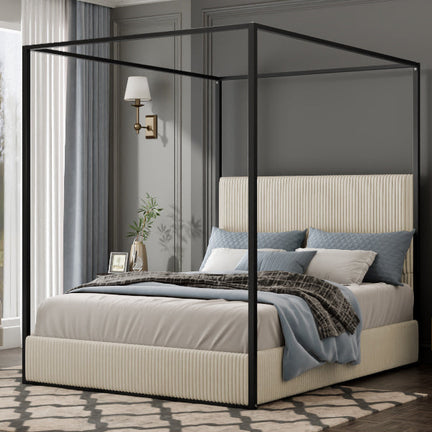 Modern Luxury Metal Canopy Bed with Tall Corduroy Upholstered Headboard