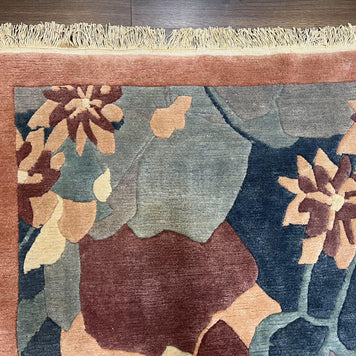 Modern Tibetan Rug 5.7 x 7.9, Abstract Multicolor Flower Pattern, Navy Blue Maroon Salmon, Soft Wool, Hand Knotted Contemporary Carpet 6x8