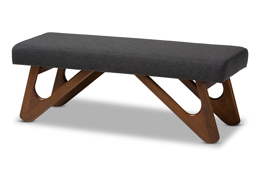Baxton Studio Rika Mid-Century Modern Dark Grey Fabric Upholstered Walnut Brown Finished Boomerang Bench