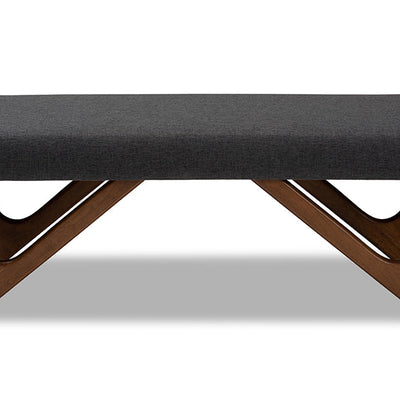 Baxton Studio Rika Mid-Century Modern Dark Grey Fabric Upholstered Walnut Brown Finished Boomerang Bench
