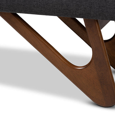 Baxton Studio Rika Mid-Century Modern Dark Grey Fabric Upholstered Walnut Brown Finished Boomerang Bench