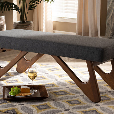 Baxton Studio Rika Mid-Century Modern Dark Grey Fabric Upholstered Walnut Brown Finished Boomerang Bench