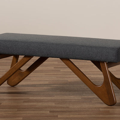 Baxton Studio Rika Mid-Century Modern Dark Grey Fabric Upholstered Walnut Brown Finished Boomerang Bench