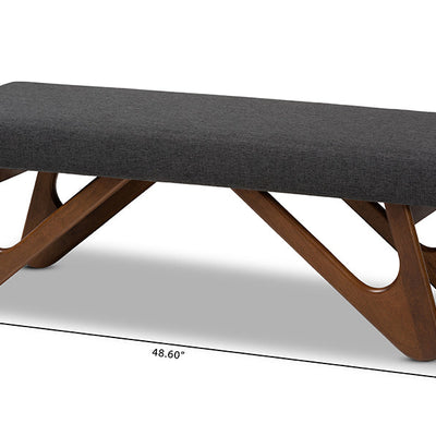 Baxton Studio Rika Mid-Century Modern Dark Grey Fabric Upholstered Walnut Brown Finished Boomerang Bench