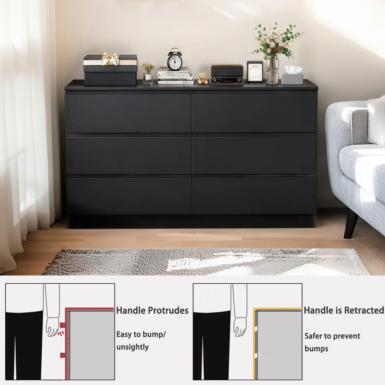 6 Drawer Dresser With Spacious Countertop And Concealed Handles