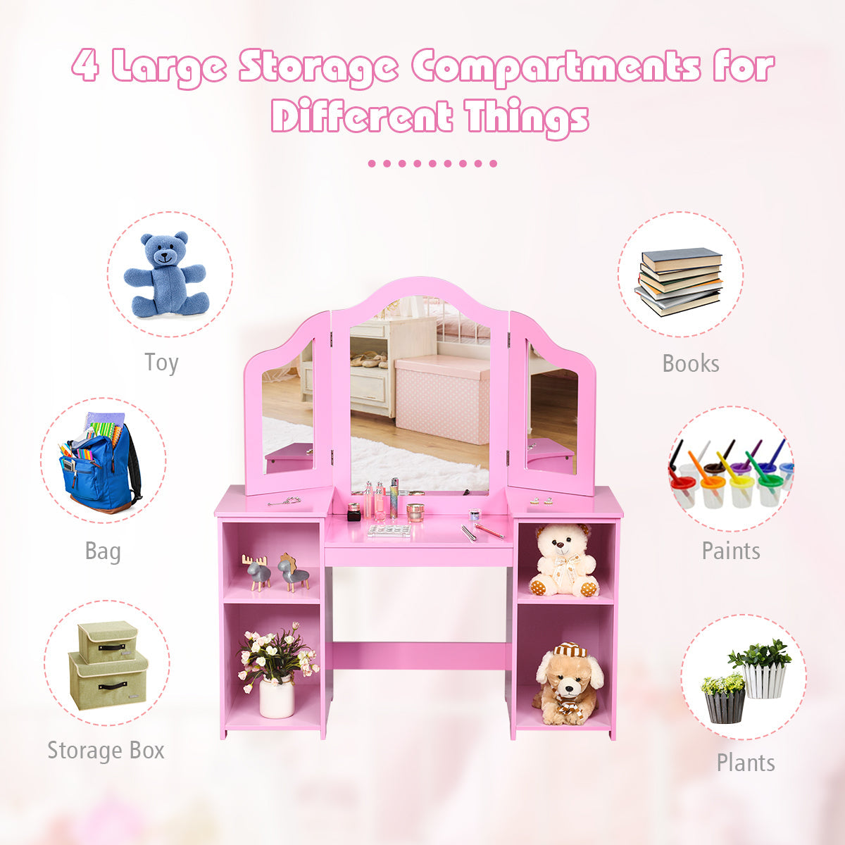 Kids Tri Folding Mirror Makeup Dressing Vanity Table Set