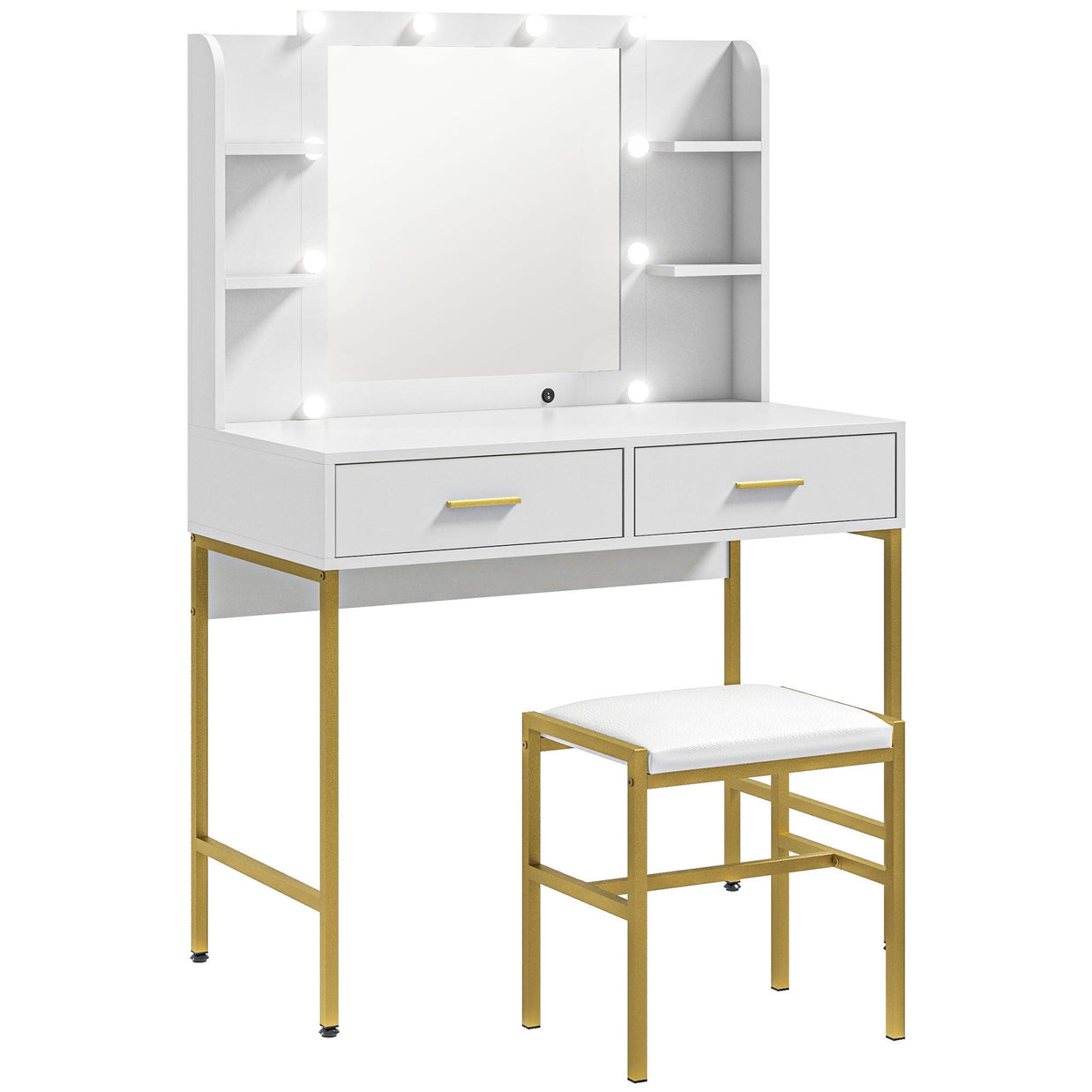 Dressing Table With Lighted Mirror, Cushioned Stool, Drawers, Shelves, LED Makeup Vanity Desk Set, Modern Dresser Vanity Table For Bedroom, White