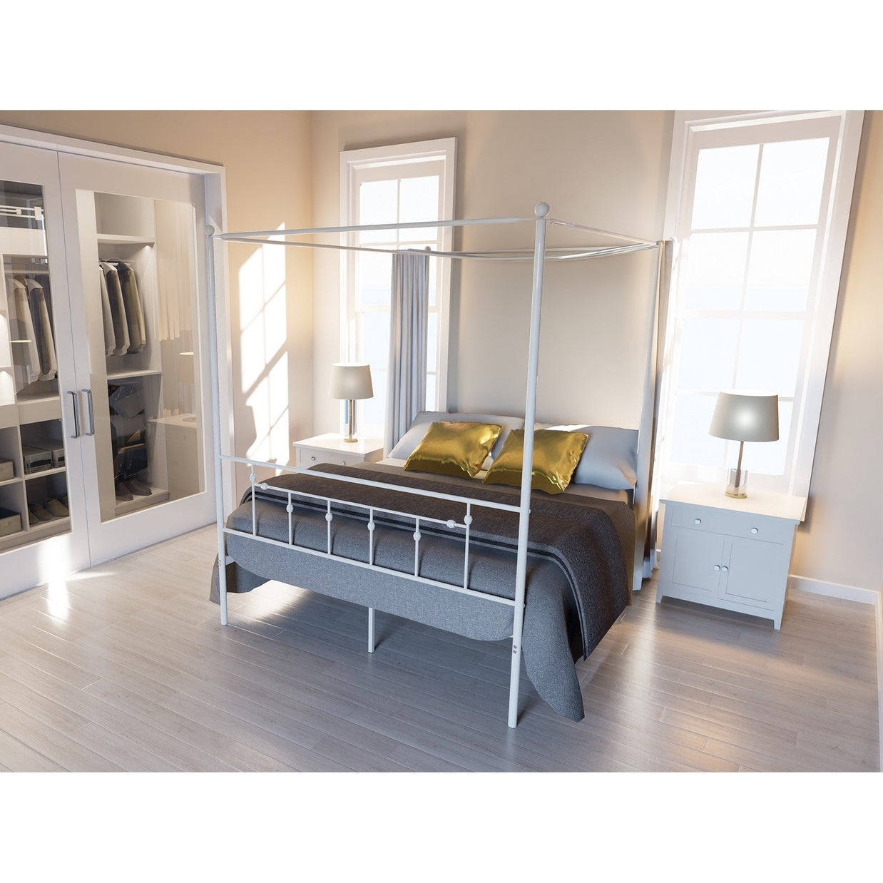 EAST WEST FURNITURE - ATQCWHI - Anniston Queen Bed with Luxurious Style Headboard and Footboard - Canopy Metal Frame in Powder Coating Linen white