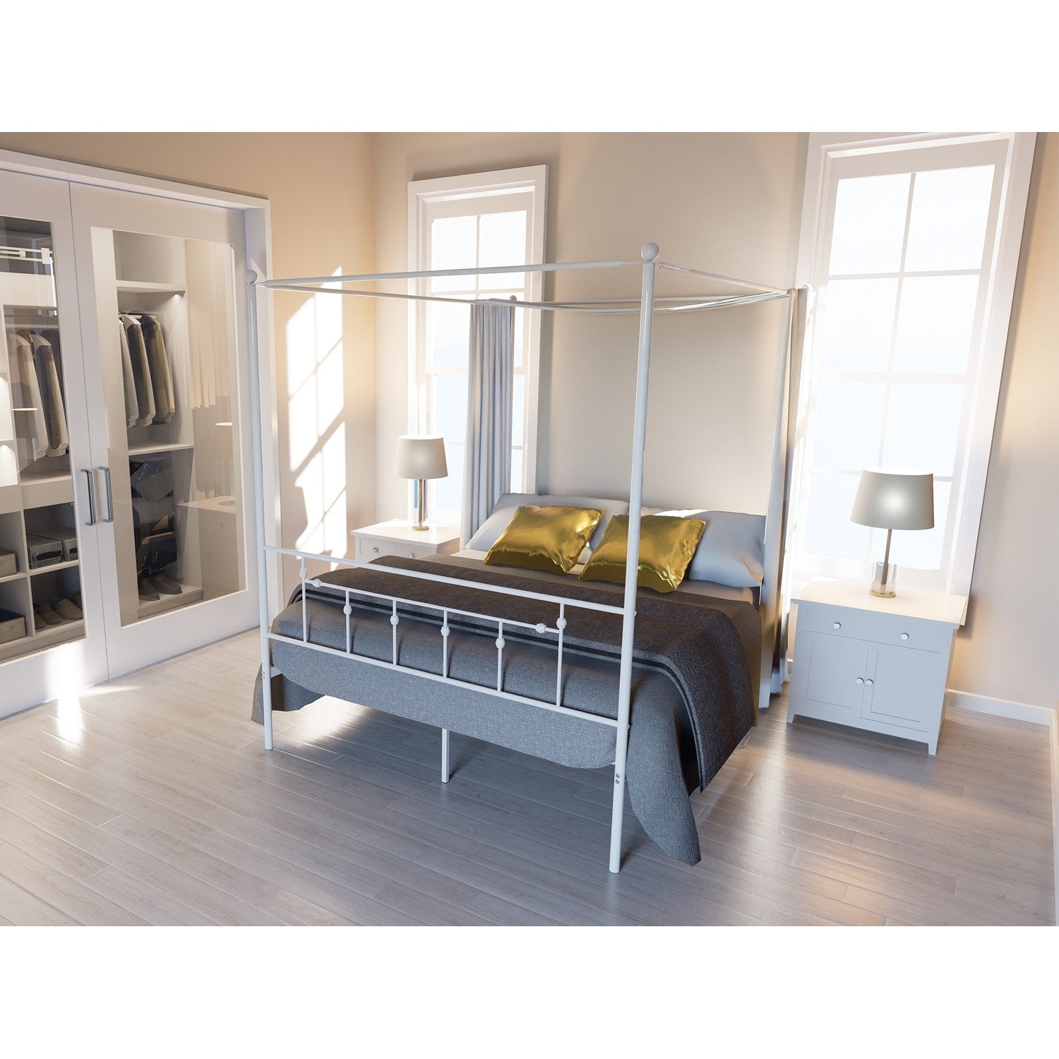EAST WEST FURNITURE - ATQCWHI - Anniston Queen Bed with Luxurious Style Headboard and Footboard - Canopy Metal Frame in Powder Coating Linen white