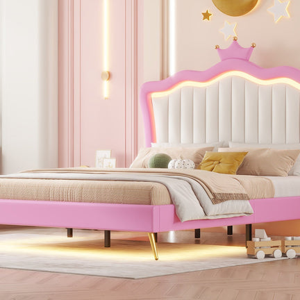 Full Size Upholstered Bed Frame with LED Lights, Modern Upholstered Princess Bed with Crown Headboard, Pink+White