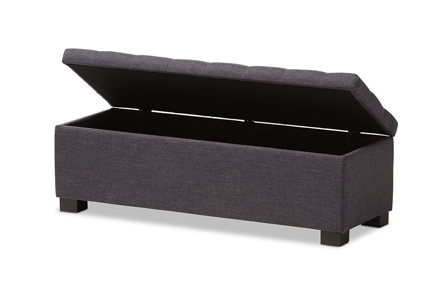 Baxton Studio Roanoke Modern and Contemporary Dark Grey Fabric Upholstered Grid-Tufting Storage Ottoman Bench
