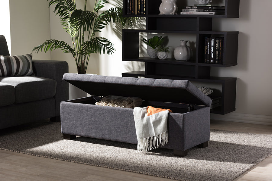 Baxton Studio Roanoke Modern and Contemporary Dark Grey Fabric Upholstered Grid-Tufting Storage Ottoman Bench