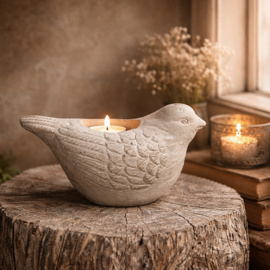 CEMENT BIRD CANDLE HOLDER