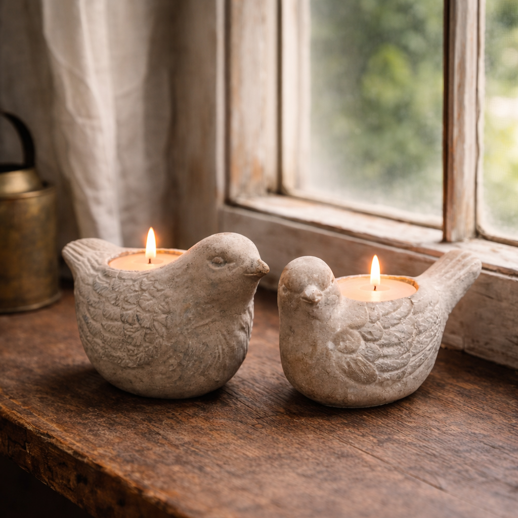 CEMENT BIRD CANDLE HOLDER