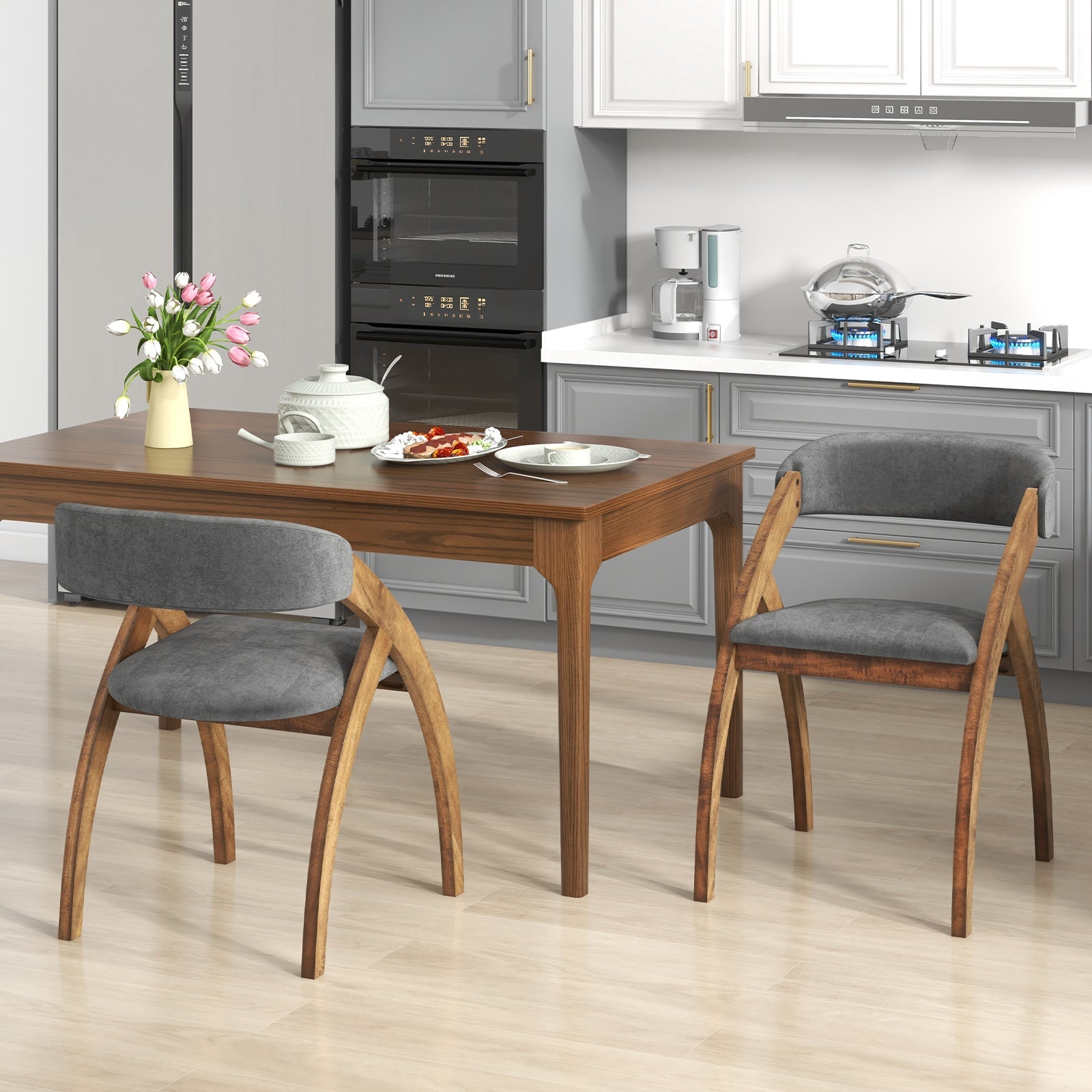 Dining Chair Set of 2 with Padded Cushion and Curved Back for Living Room-Walnut