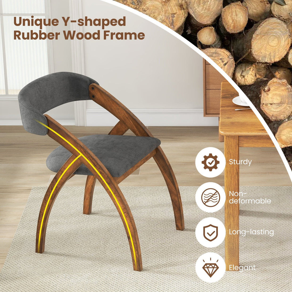 Dining Chair Set of 2 with Padded Cushion and Curved Back for Living Room-Walnut