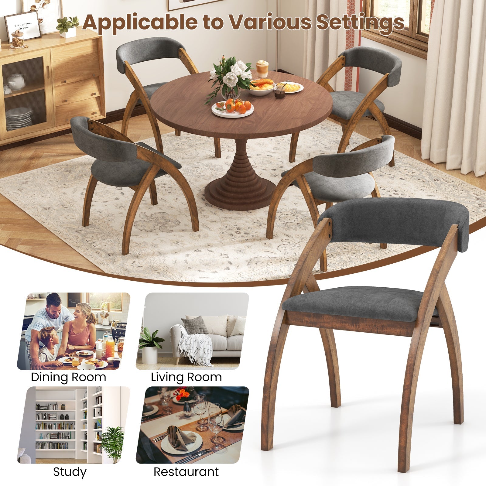 Dining Chair Set of 2 with Padded Cushion and Curved Back for Living Room-Walnut