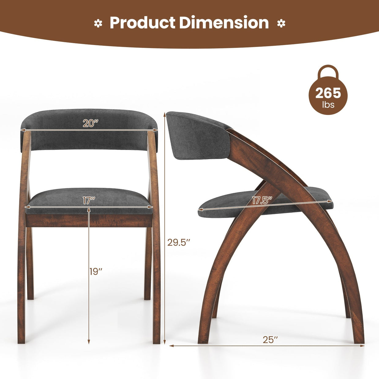 Dining Chair Set of 2 with Padded Cushion and Curved Back for Living Room-Walnut