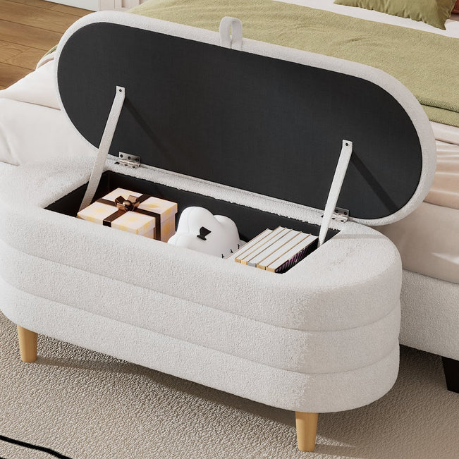 Elegant Upholstered Sherpa Fabric Storage Ottoman with Wood Legs, Storage Bench for Bedroom, Living Room, White