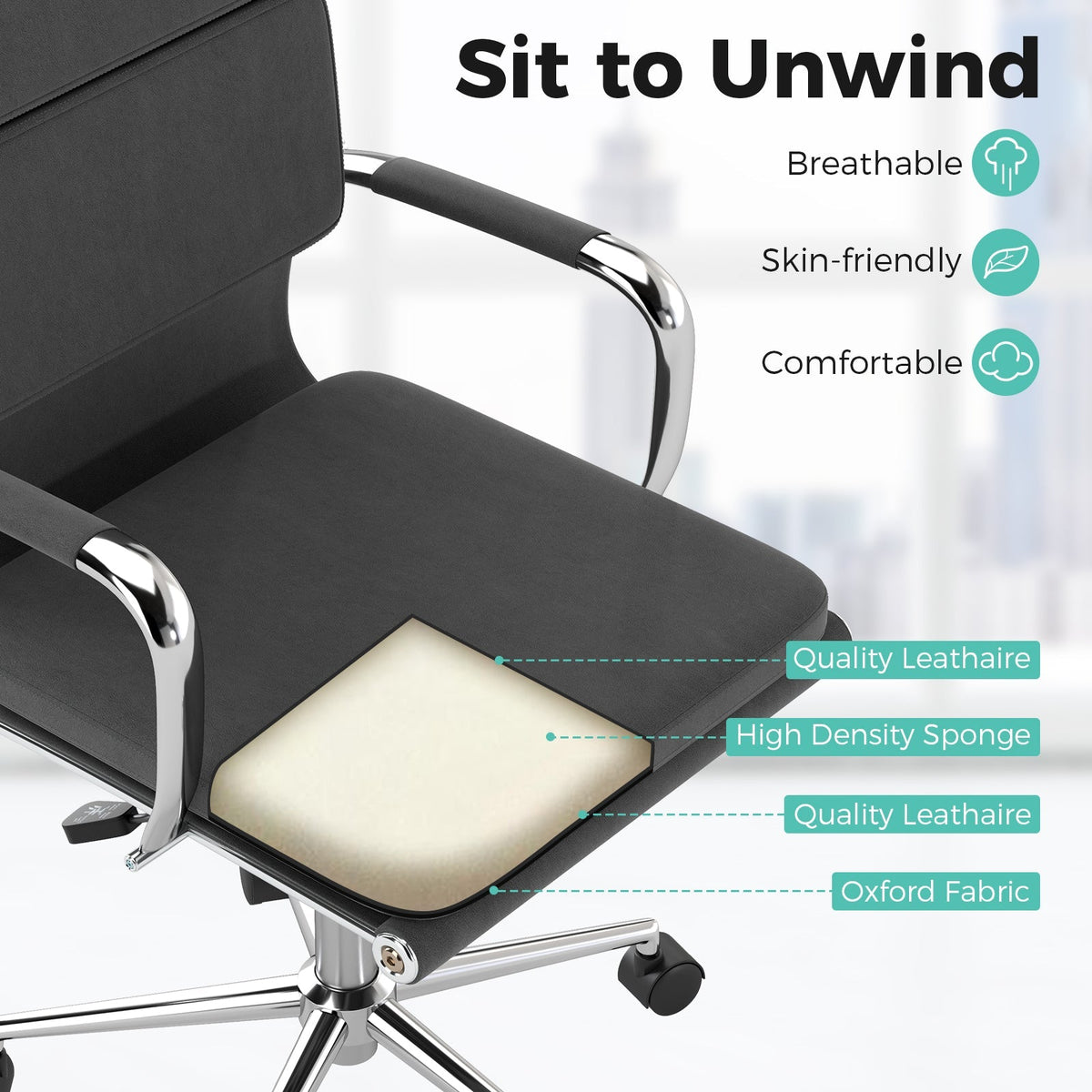 Ergonomic Office Desk Chair with Rocking Backrest and Height-adjustable Padded Seat-Gray