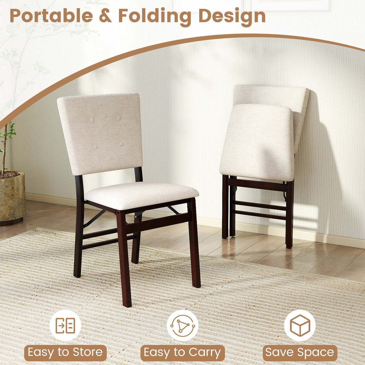Foldable Dining Chair Set of 4 Armless Kitchen Chair with Padded Seat and Tilt Backrest