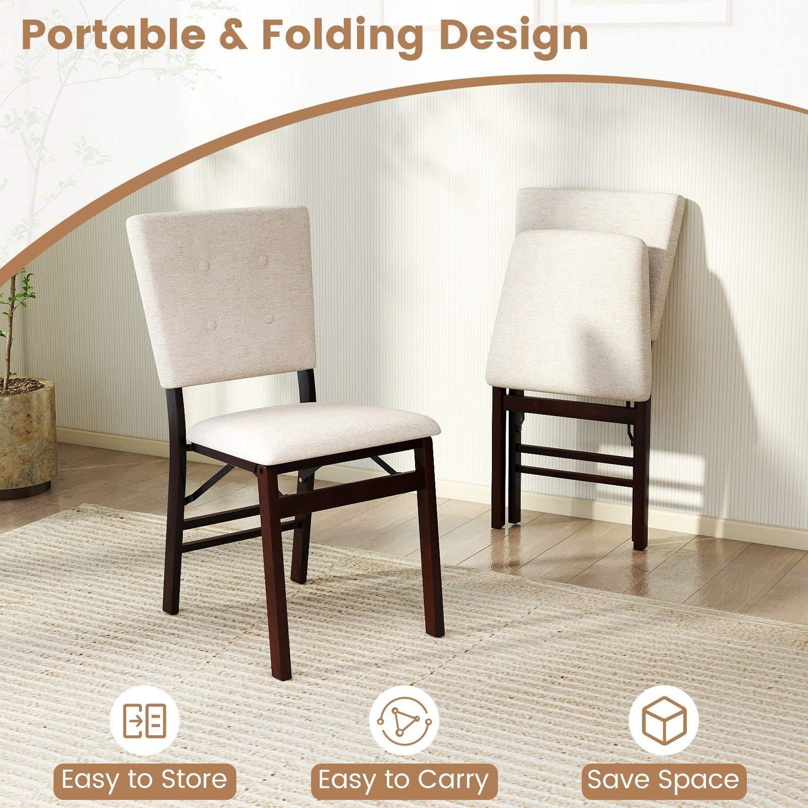 Foldable Dining Chair Set of 4 Armless Kitchen Chair with Padded Seat and Tilt Backrest