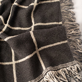 Greer Nocturne Charcoal Grid Jacquard Woven Throw Blanket, Reversible Cotton Throw, Made in USA