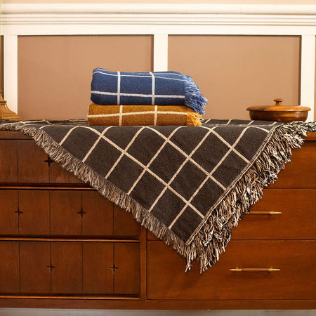 Greer Nocturne Charcoal Grid Jacquard Woven Throw Blanket, Reversible Cotton Throw, Made in USA