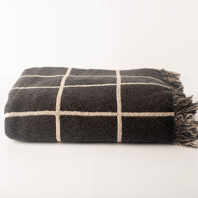 Greer Nocturne Charcoal Grid Jacquard Woven Throw Blanket, Reversible Cotton Throw, Made in USA