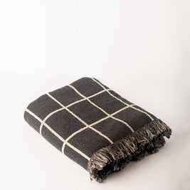 Greer Nocturne Charcoal Grid Jacquard Woven Throw Blanket, Reversible Cotton Throw, Made in USA