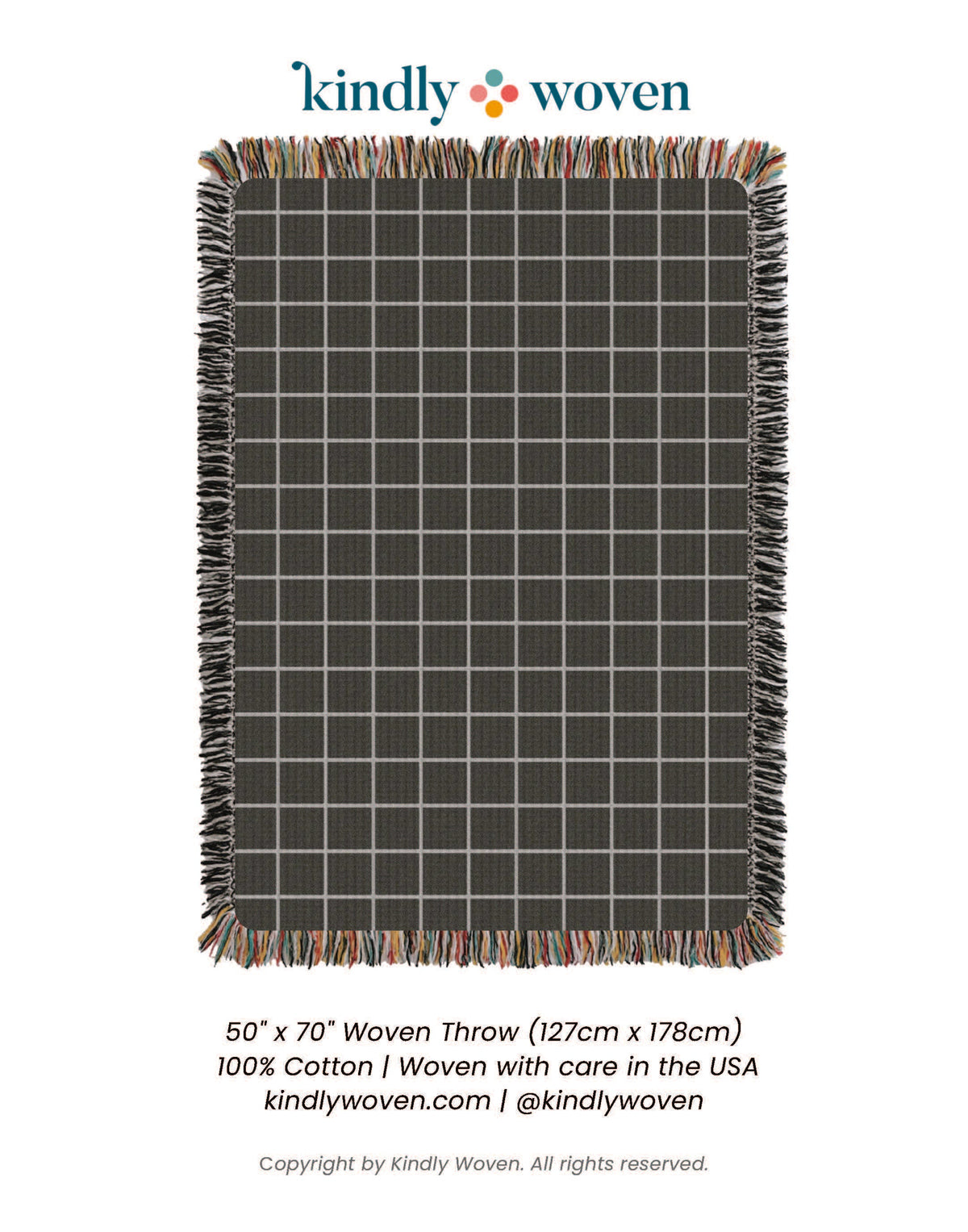 Greer Nocturne Charcoal Grid Jacquard Woven Throw Blanket, Reversible Cotton Throw, Made in USA