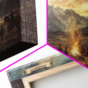 Sunset Cowboys Around Campfire Framed Canvas Print Western Scenic Art Perfect Winter Wall Decor and Rustic Mountain Cabin Art