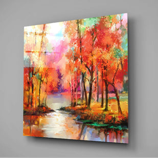 Autumn Forest Stream Painting Glass Wall Art