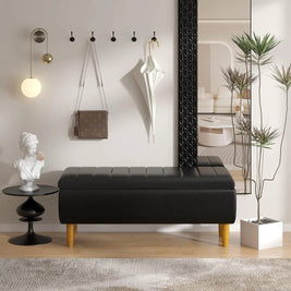 Modern Mid-Century Black Faux Leather End of Bed Storage Bench Ottoman