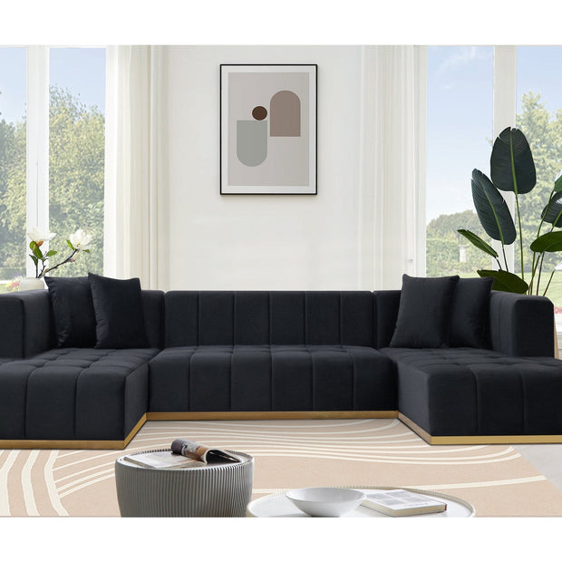 Montecito Black Velvet Double Chaise "U" Shape Sectional Sofa