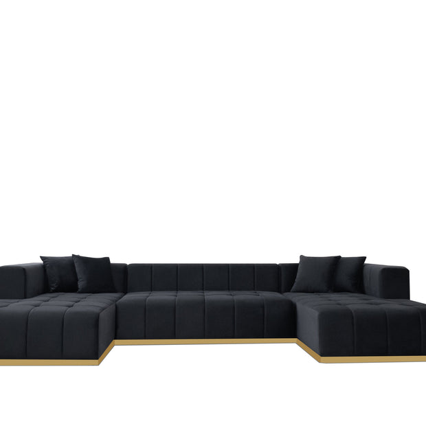 Montecito Black Velvet Double Chaise "U" Shape Sectional Sofa