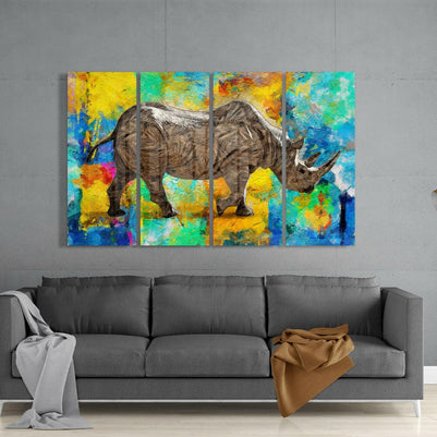 Rhino on Multicolor Paint Strokes 4 Pieces Mega Glass Wall Art