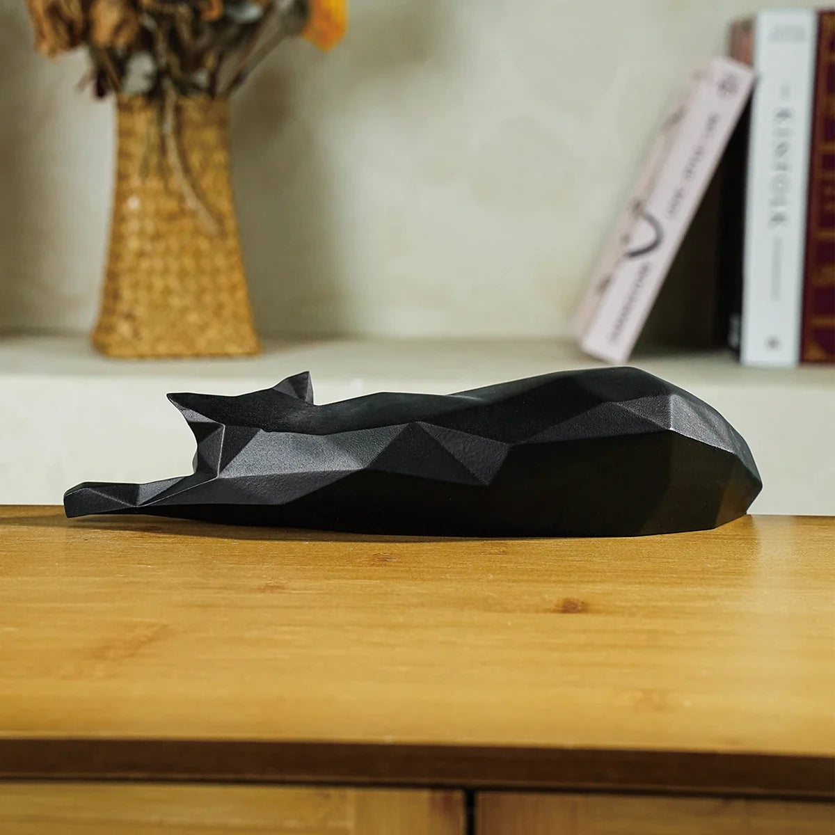 White Black Cat Statue - Geometric Modern Room Decor Figurine Sculpture for Home Office as Table Shelf Desk Decor  Lying Cat