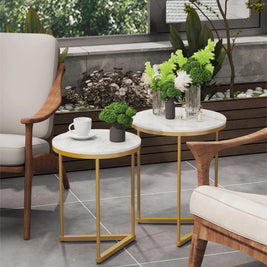 Round Nesting Sofa Side End Table with Gold Metal Frame, High Grade Marble Stone, Coffee Table, 2Pcs