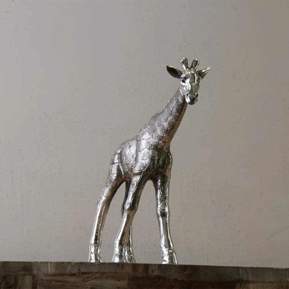 Giraffe Statue Silver Metal Animal Sculpture Home Decor
